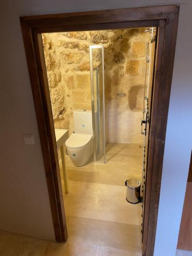 bagno con servizi igienici e parete in pietra di Merani Hotel a Midyat