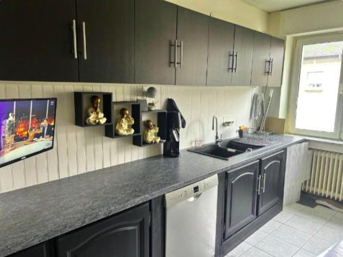 a kitchen with a counter with a sink and a tv at Chambre rénovée dans appartement de 70m2 in Basse-Ham