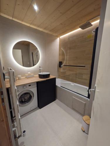 a bathroom with a washing machine and a mirror at Juracîmes Appartements in Mijoux