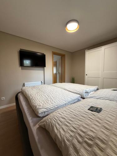 deux lits côte à côte dans une pièce dans l'établissement kleines Landhaus am Park, à Klein Uhyst