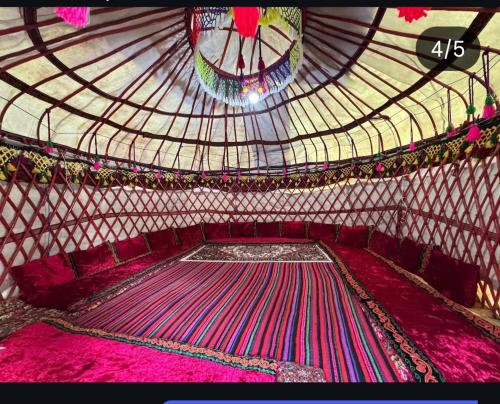een kamer met een tent met een roze tapijt erin bij Maksyt Ata Hostel in Kalday