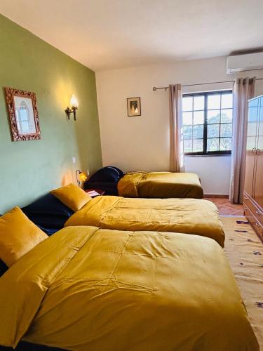 two beds in a room with yellow sheets at Quinta Monte da Azinheira in Amareleja