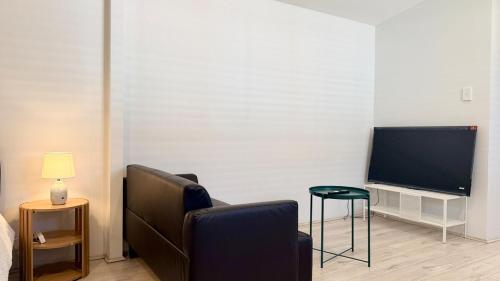 a living room with a couch and a television at Private Granny Flat Studio in Chatswood in Sydney