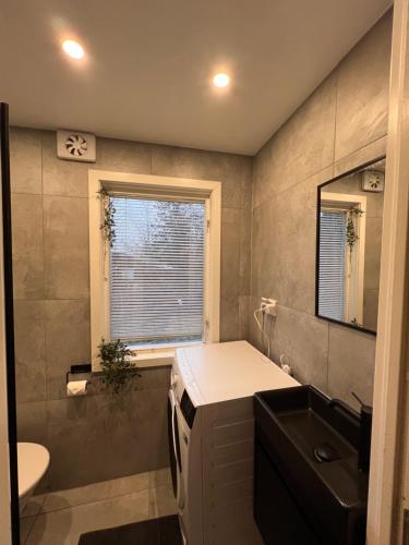 a bathroom with a sink and a toilet and a window at Sofias Lovely Little House in Stockholm
