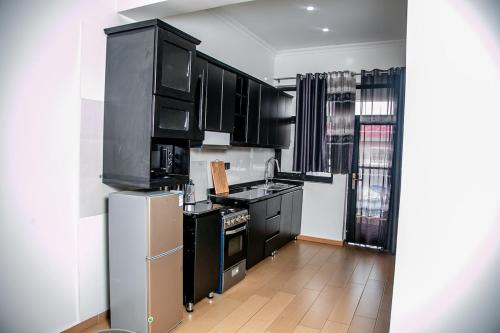 eine Küche mit schwarzen Geräten und schwarzen Schränken in der Unterkunft Agasaro House Kigali in Kigali