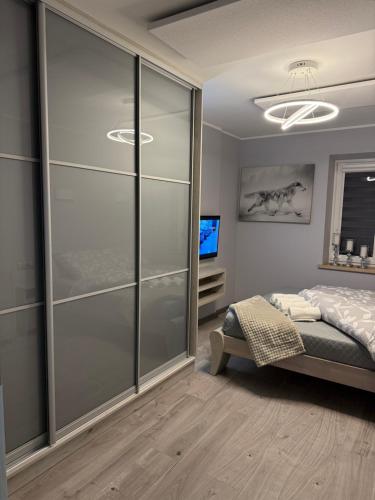 een slaapkamer met een glazen schuifdeur voor de douche bij Apartment GreenHills 2 in Wałbrzych