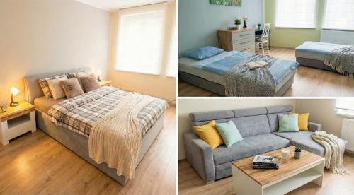three pictures of a room with a bed and a couch at Apartament Słoneczny Węgorzewo 74m2 in Węgorzewo