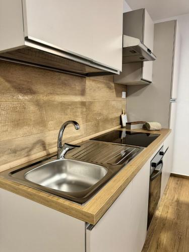 a kitchen with a stainless steel sink and wooden counter top at Cima Bianca Suite in Passo del Tonale