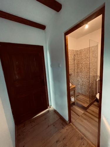 a bathroom with a door and a walk in shower at Dobál vendégház in Lunca de Sus