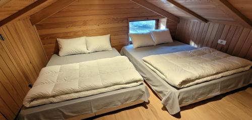 Zimmer mit 2 Betten in einer Hütte in der Unterkunft Planinska kuća 