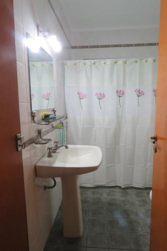 マル・デル・プラタにあるVistas del Peñónのバスルーム(シンク、ピンクの花のシャワーカーテン付)