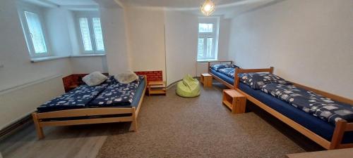 a room with two beds and two windows at Apartment Bärenstein Vejprty in Vejprty