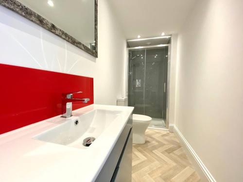 a bathroom with a white sink and a red wall at 2 Bed Apt Central Truro Ground-Floor Apartment in Kenwyn
