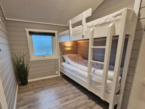 EtnesjøenにあるEtne Hytterの二段ベッド2台と窓のある寝室