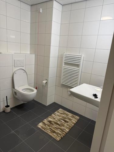 a white bathroom with a toilet and a sink at Lely in Lelystad