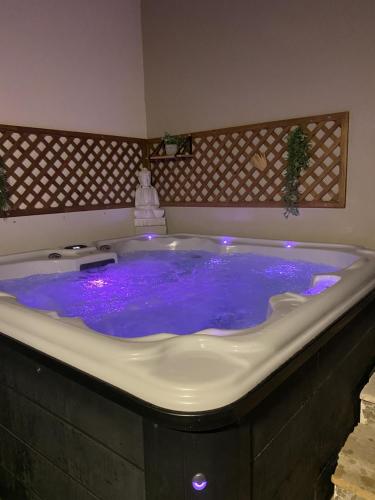 a large tub with blue water in a bathroom at les palmiers des causses in Saint-Rome-de-Tarn