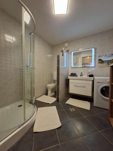 ein Badezimmer mit Dusche, Toilette und Waschbecken in der Unterkunft Come In in Buch bei Jenbach