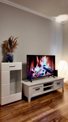 ein Flachbildfernseher auf einem weißen Entertainment-Center in der Unterkunft Altstadt Apartments - Wohnen im Herzen der Stadt in Koblenz