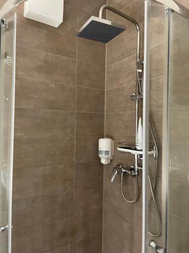 a bathroom with a shower with a glass door at Nice Wellness Apartman in Siófok