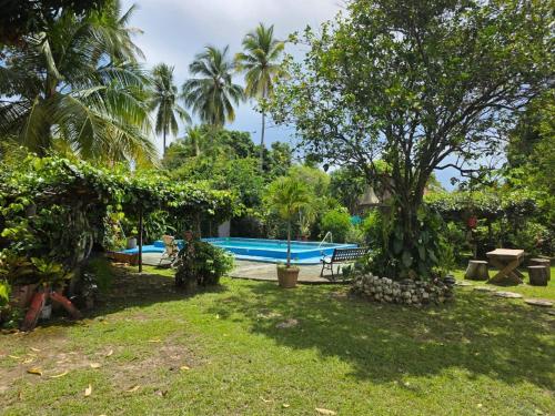 a yard with a swimming pool and trees at Casa jardín nueva gorgona in Nueva Gorgona