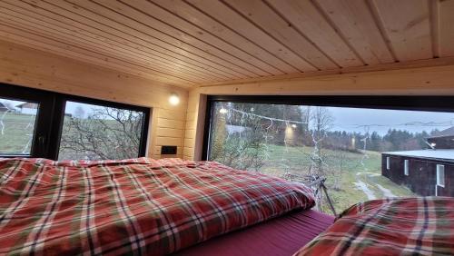 ein Schlafzimmer mit einem Bett und einem großen Fenster in der Unterkunft Fichtel-Tiny - Mit Hot Tub oder Sauna gegen Aufpreis in Hohenberg an der Eger