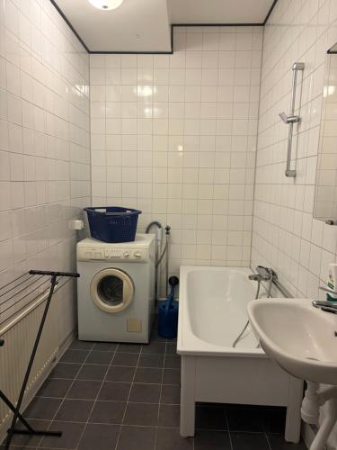 een badkamer met een wasmachine en een wastafel bij Helsingebockens Fastigheter 