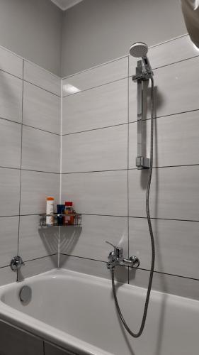 a bathroom with a bath tub with a shower at Wohnung mitten in der Altstadt in Koblenz