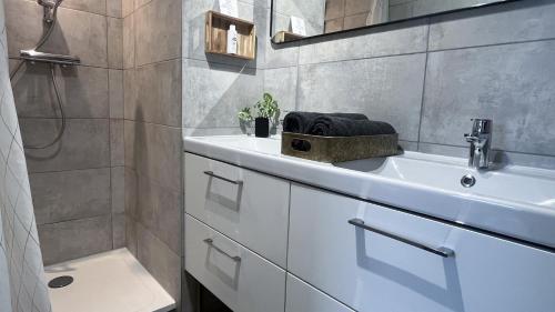 a bathroom with a white sink and a shower at Au Petit Vélo - Parking & Balcon Vienne in Vienne