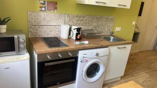een keuken met een wasmachine en een wastafel bij Dina chic calme cosy in Saint Etienne