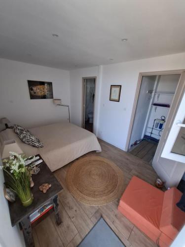 ChiatraにあるVilla Bianca Chioselleのベッドとテーブルのある小さな寝室