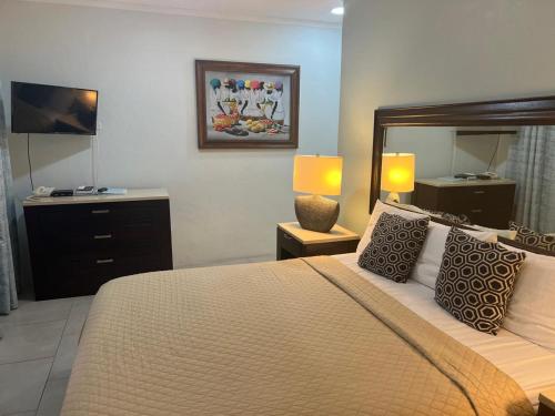 a bedroom with a bed with two lamps and a television at Paradise Beach Hotel in Kingstown