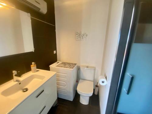 a bathroom with a sink and a toilet and a mirror at Résidence Costa Vermella, vue mer et montagne au calme in Cerbère