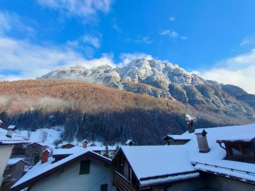 een berg in de verte met sneeuw op de daken bij appartamento Casa Lucia in Cencenighe
