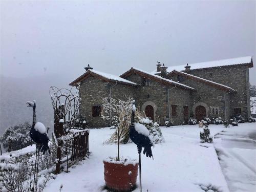 two birds standing in front of a house in the snow at Condado de San Martín in Boltaña