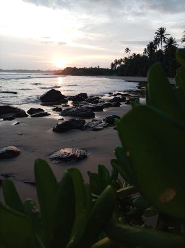 a beach with rocks and the ocean at sunset at White Shell in Tangalle