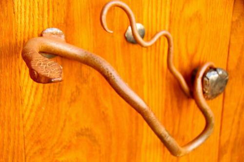 a wooden door with two snakes on it at Condado de San Martín in Boltaña