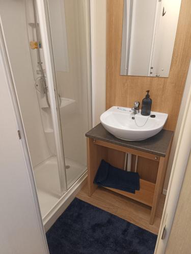 a bathroom with a sink and a shower at Ollys House in Prestatyn