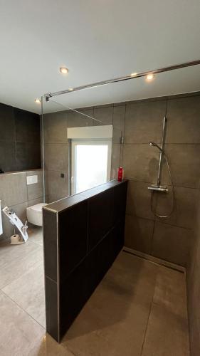 a large bathroom with a shower and a sink at Weingut Günther und Gästezimmer in Gimbsheim