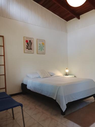 a bedroom with a bed and a blue chair at Hotel Exotic Lodge in Puerto Viejo