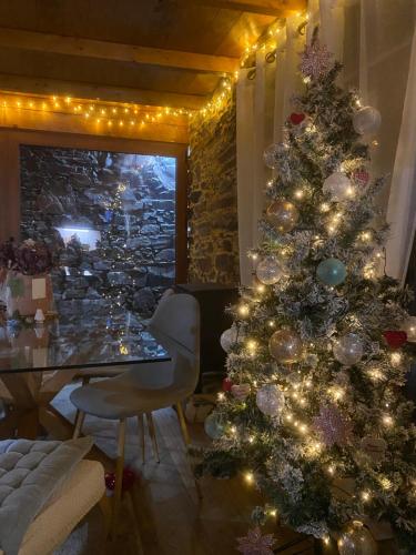 a christmas tree with lights in a living room at PampiHouse, casa de xisto junto ao rio in Pampilhosa da Serra