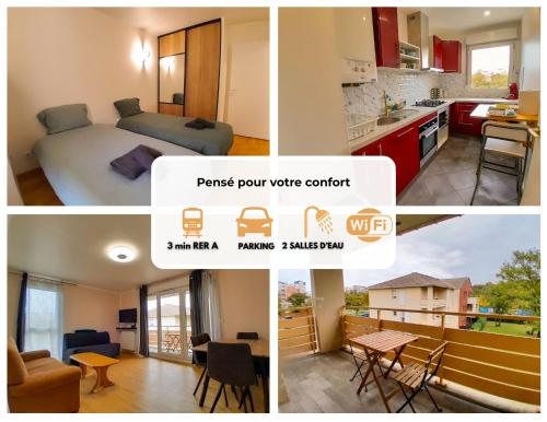 a collage of photos of a bedroom and a kitchen at Calme & spacieux, RER A 3 min, Parking, 2 salles d'eau in Achères
