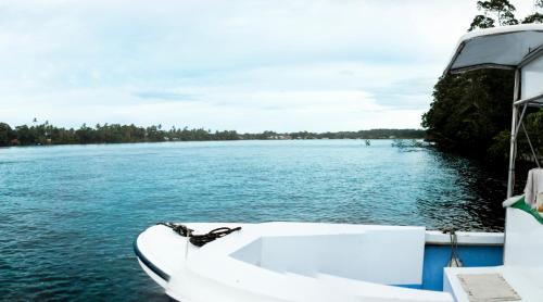 a white boat sitting on top of a body of water at Pachira Lodge in Tortuguero