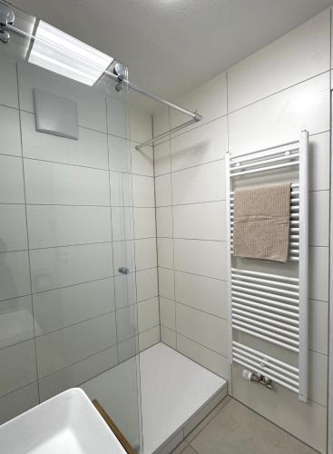 a bathroom with a glass shower and a sink at FeWo Bergruh 922 im Ferienpark Oberallgäu in Missen-Wilhams
