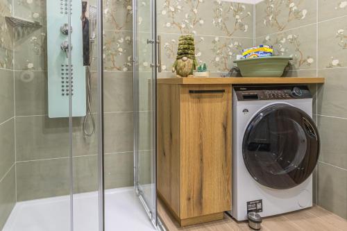 布莱德Počitniška hiša Gorski Šepet Bled的带淋浴的浴室里的洗衣机