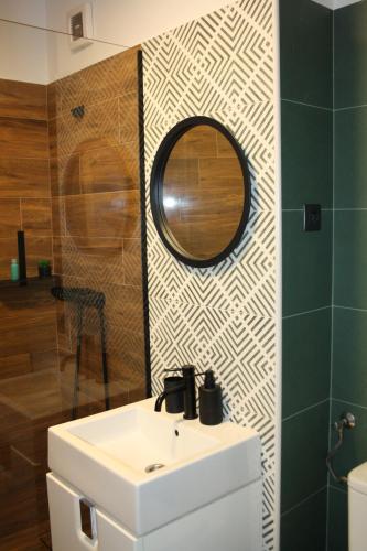 a bathroom with a sink and a mirror at Medias Cozy Studio in Mediaş