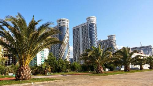 een groep palmbomen voor hoge gebouwen bij Prestige Tower Batumi in Itʼkhvisi
