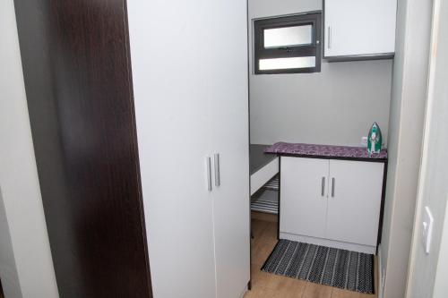 a small room with a white cabinet and a counter at Paradis des Anges Appartement in Triolet