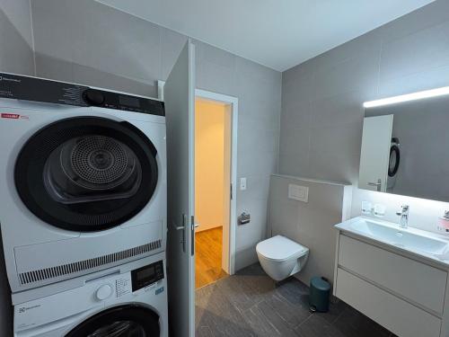 a bathroom with a washing machine and a sink at Alpine Loft in Interlaken