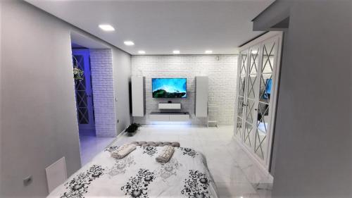 Un dormitorio con una cama y un televisor en una pared. en Heart of Chișinău, en Chişinău