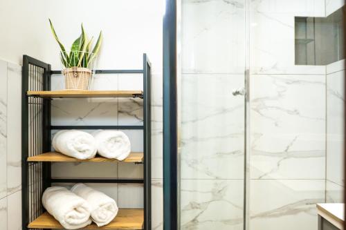 a bathroom with towels on shelves in a shower at Dili Appartement in Altenmarkt im Pongau